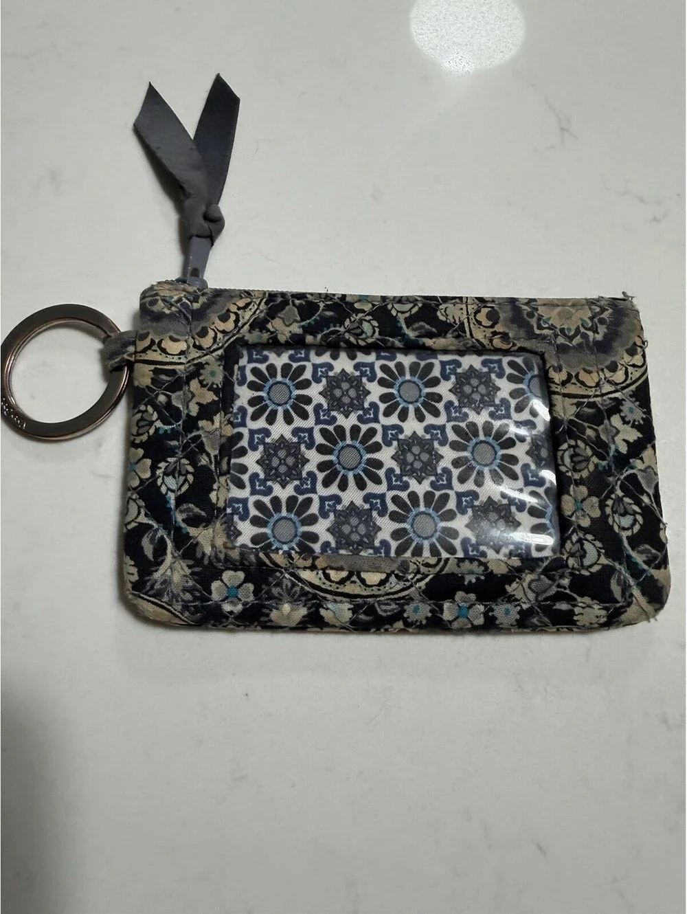 Vera Bradley ID Wallet Gray Navy White Pattern With Teal Accents